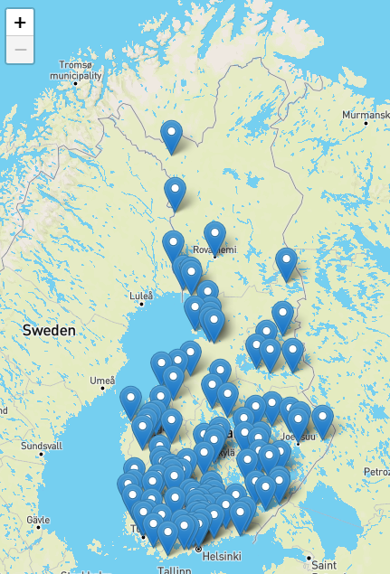 "Kehittämisteot Suomen kartalla. Tekoja on tullut Tekojen torille laajasti eri kunnista. Vain Rovaniemen pohjoispuolella on iso tyhjä kohta."